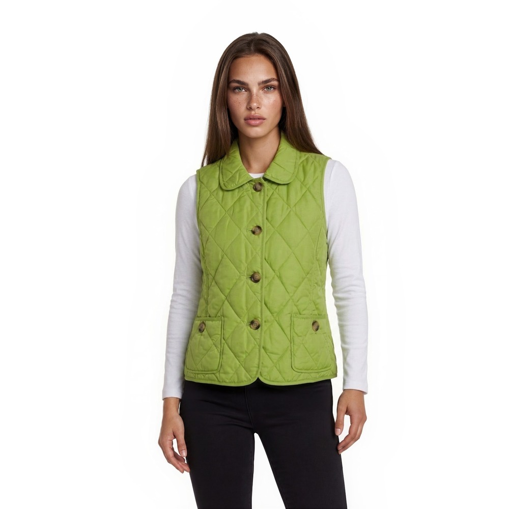 Talbots Down Puffer Vest Womens Size Large Lime Green Quilted Paisley Lining Y2K